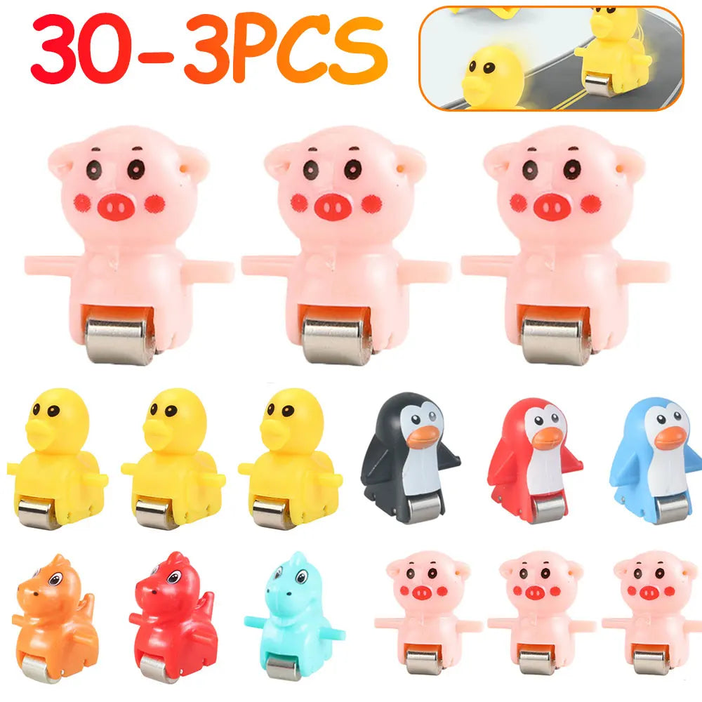 A set of 30 plastic animal racing cars and climbing stairs toys in various colors like pink yellow and red
