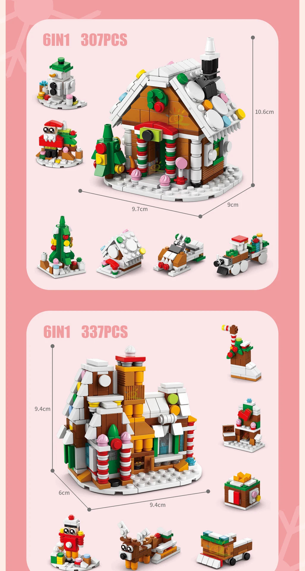 A set of 6-in-1 Christmas building blocks featuring a snow house, Santa, and deer figures.