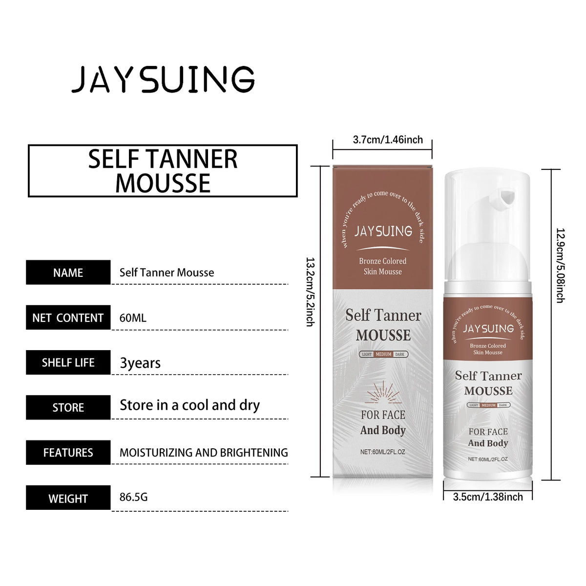 Jar of Jaysuing Self Tanner Mousse for face and body with moisturizing and brightening features