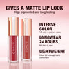 A tube of OTWO matte lip tint in red-orange color shown with its packaging and product description.