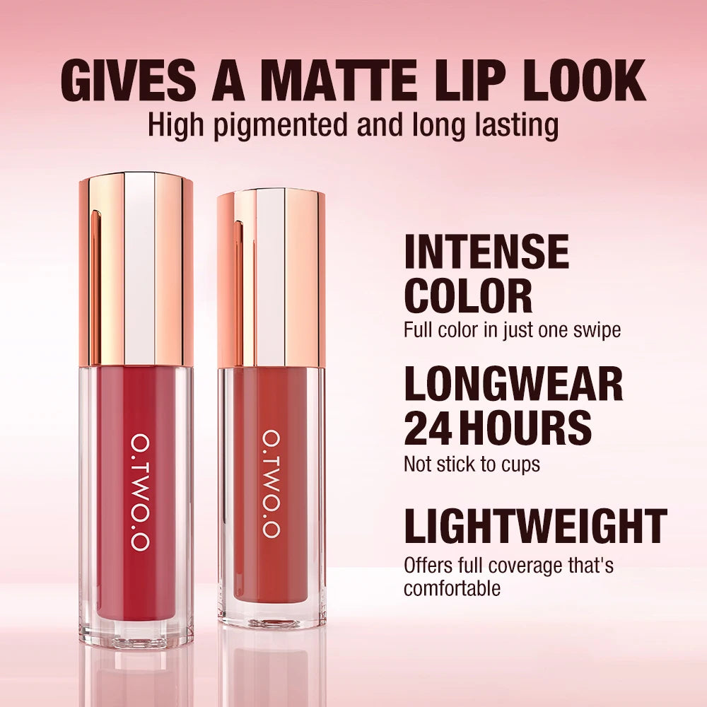 A tube of OTWO matte lip tint in red-orange color shown with its packaging and product description.