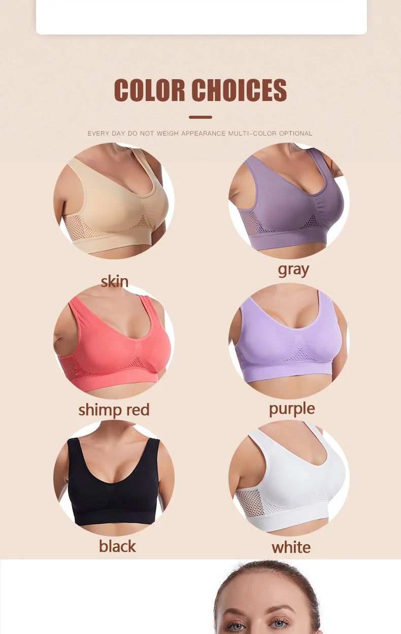 A selection of multi-color sports bras including beige, gray, pink, purple, black, and white options.