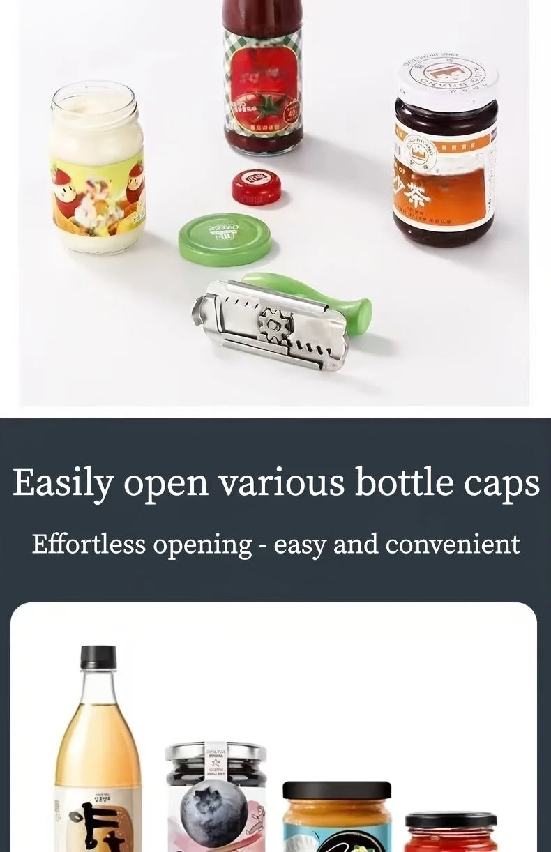 Stainless steel manual tool for easily opening various bottle caps and jars