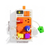 An orange Montessori busy board with light and sound features, showing various colorful components and attachments.