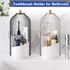 Clear glass toothbrush holder with a dome cover displaying various toothbrushes and dental tools.