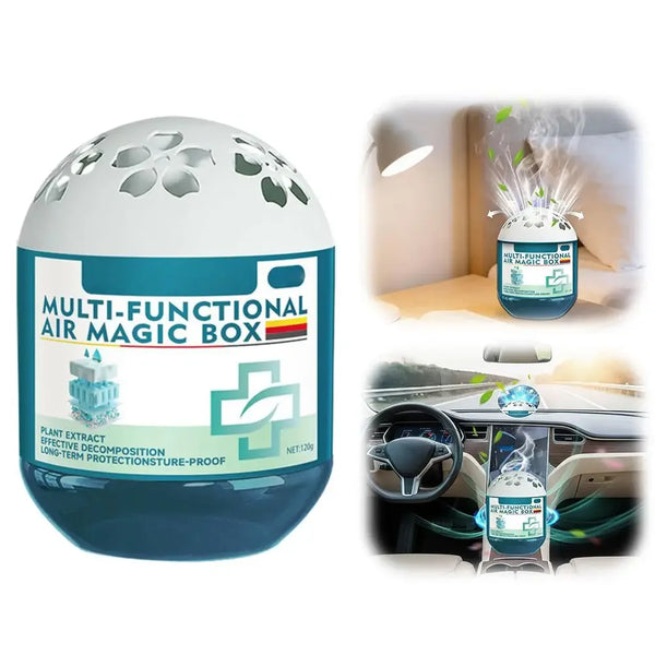 A multi-functional air magic box product shown in various contexts, including a standalone view and inside a car's air vent.