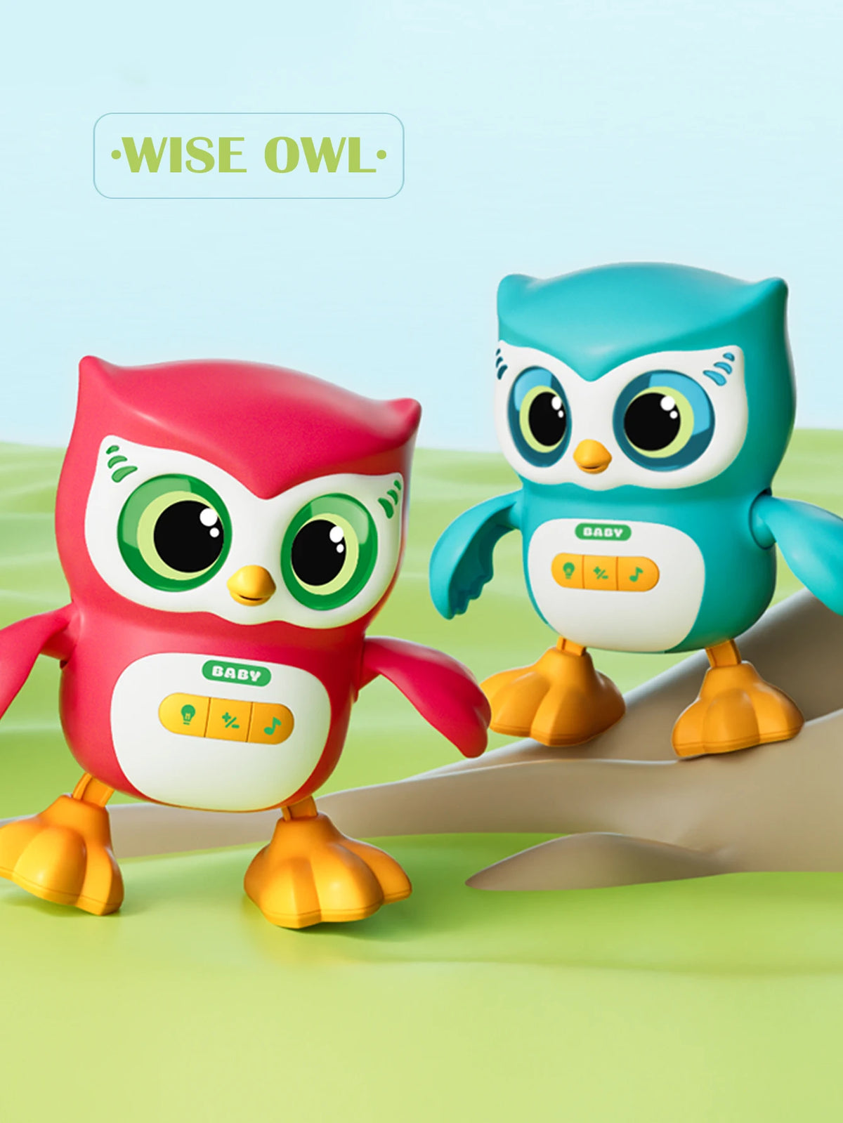 A pink owl and a blue owl toy with lights sitting on a green surface.