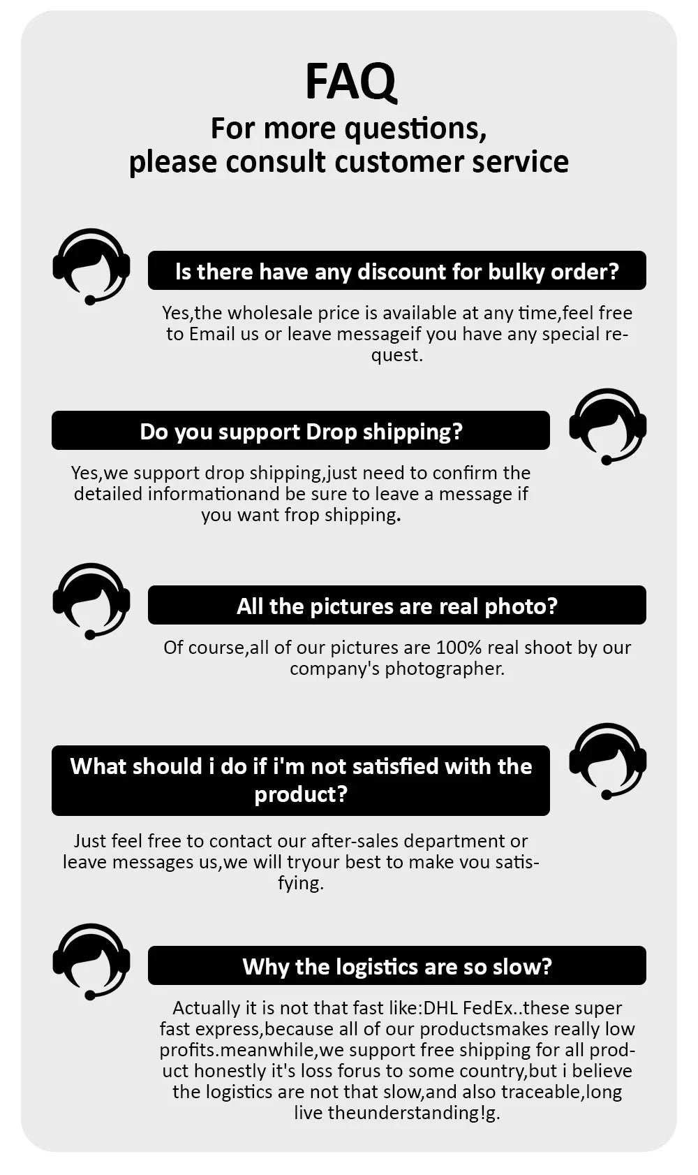 FAQ section with questions about bulk orders, drop shipping, photo authenticity, dissatisfaction, and logistics.
