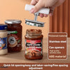 A hand is using an adjustable stainless steel can opener to open a jar of garlic powder and chili paste.