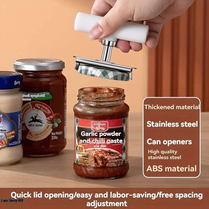 A hand is using an adjustable stainless steel can opener to open a jar of garlic powder and chili paste.