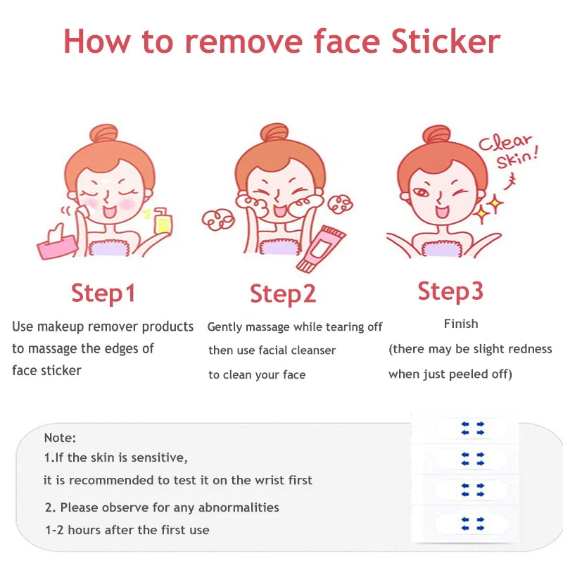 Instructions showing three steps to remove face stickers including using makeup remover, facial cleanser, and observing the s