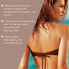 A woman shows off a bronzed back, demonstrating the effect of a fast-acting bronzing mousse.