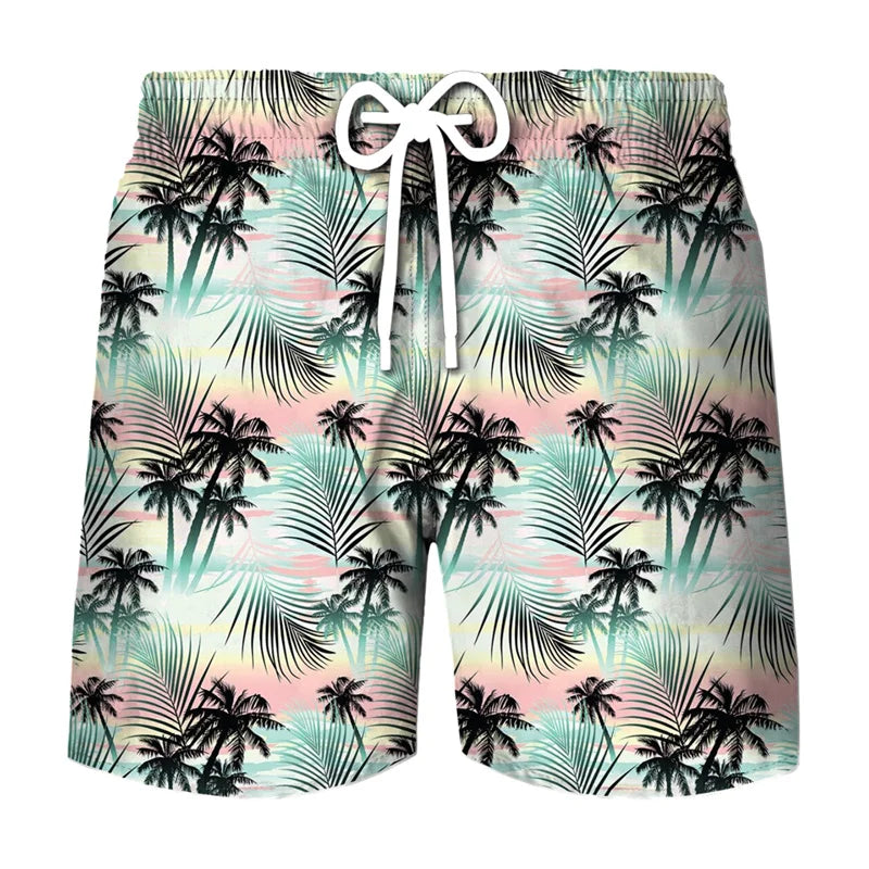 Men's swim trunks featuring a tropical coconut tree print with pink and green foliage.