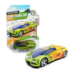 A green and yellow die-cast racing car model with pull-back action is shown in various packaging and assembled form.