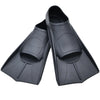 A pair of black silicone swimming flippers for snorkeling and pool training.