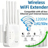 A white wireless WiFi extender device shown with multiple antennas and a green arrow indicating signal coverage.