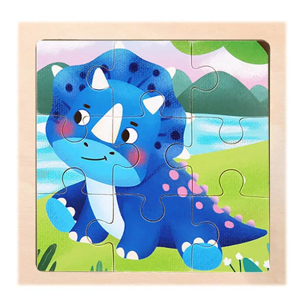 A wooden jigsaw puzzle featuring a cute blue dinosaur character against a green landscape.