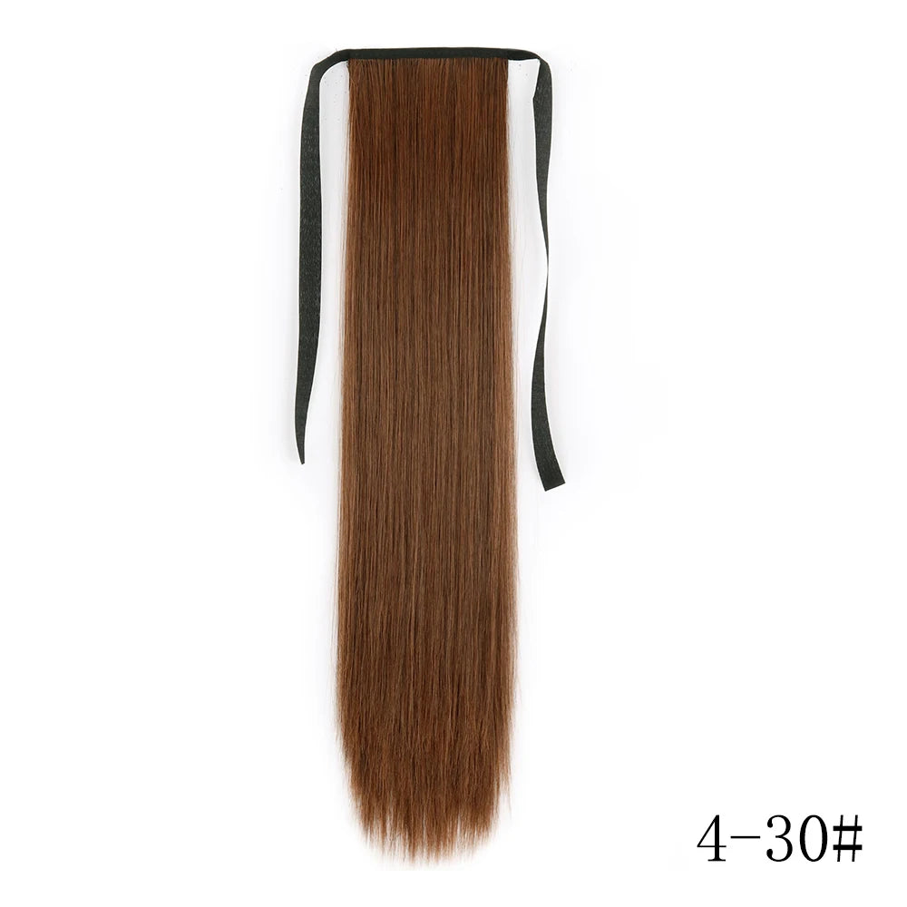 Long brown hair extension with a black tie for a ponytail