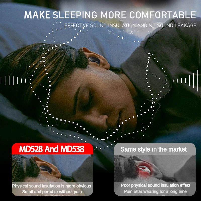 Primer plano de una mujer durmiendo cómodamente con auriculares de aislamiento de sonido MD528 y MD538.