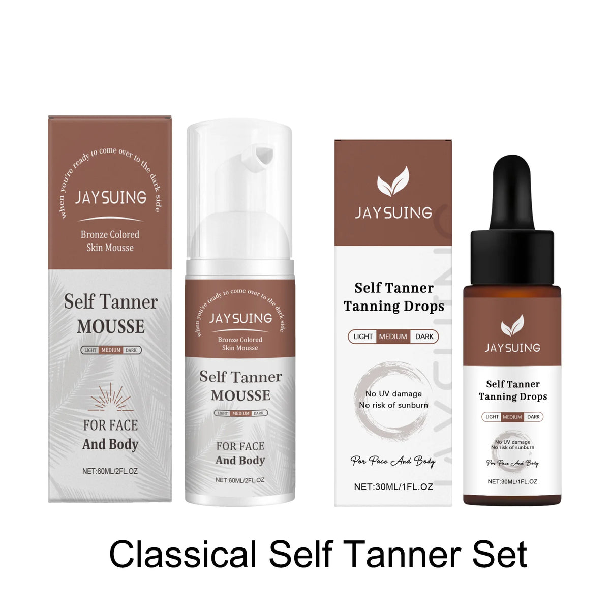 A set of JAYSUING Self Tanner Tanning Drops and Mousse in brown packaging.