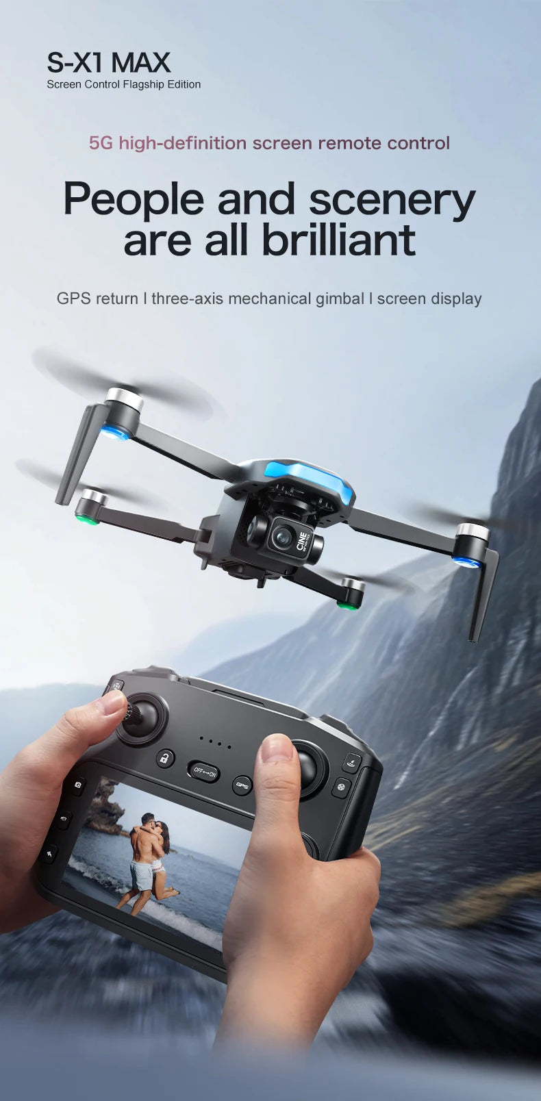 A hand holds an S-X1 MAX drone remote controlling a 4K GPS drone with a three-axis gimbal and screen display.