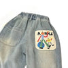 Light wash denim jeans featuring an embroidered apple graphic on the back pocket.