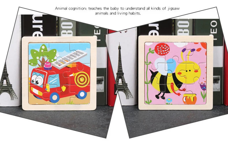 A wooden jigsaw puzzle featuring an animal, likely a bee or insect, with yellow and black coloring.