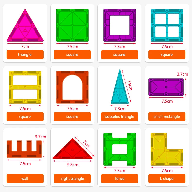 A set of magnetic building blocks featuring various geometric shapes like triangles, squares, and rectangles for construction