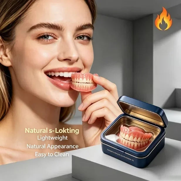 A woman smiles while holding a natural s-locking lightweight denture in a blue storage box.