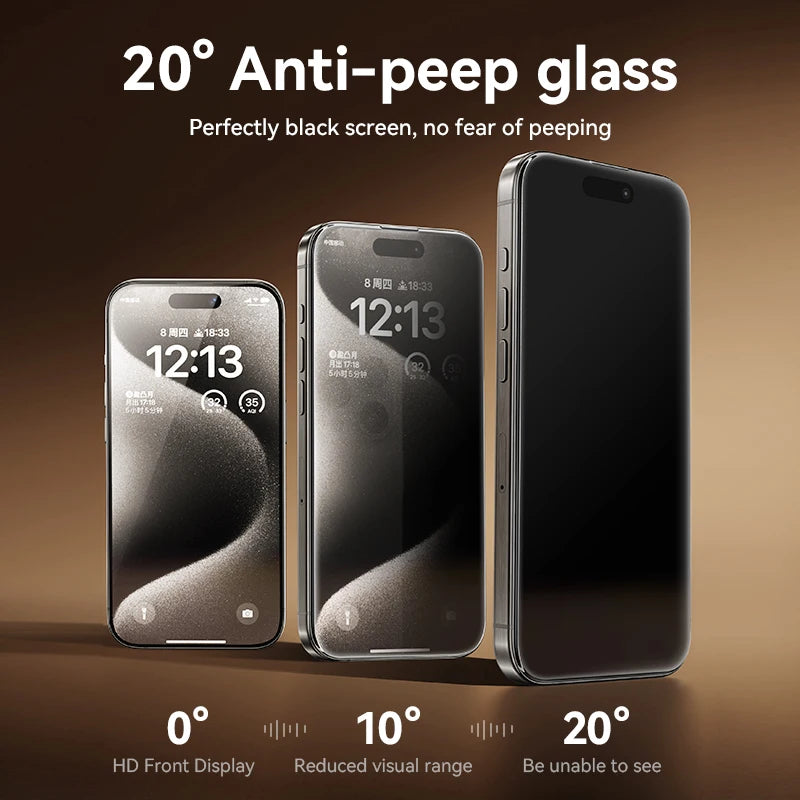 Pantalla muestra varios teléfonos con vidrio antiespía de 20° y diferentes niveles de visibilidad