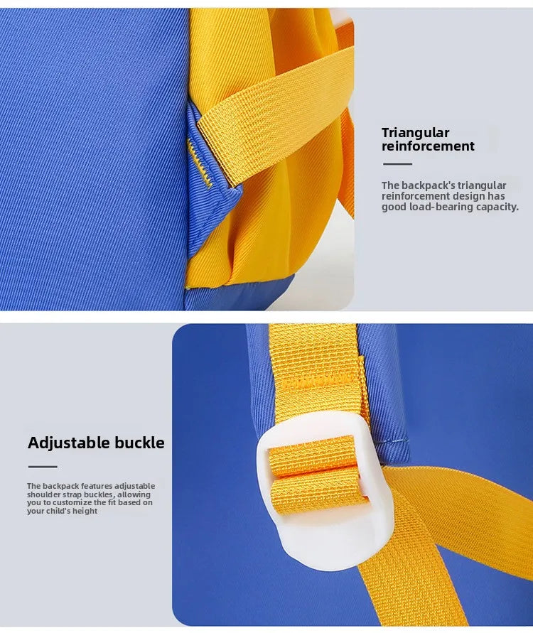 Close-up of a yellow and blue backpack showing triangular reinforcement and an adjustable buckle feature.