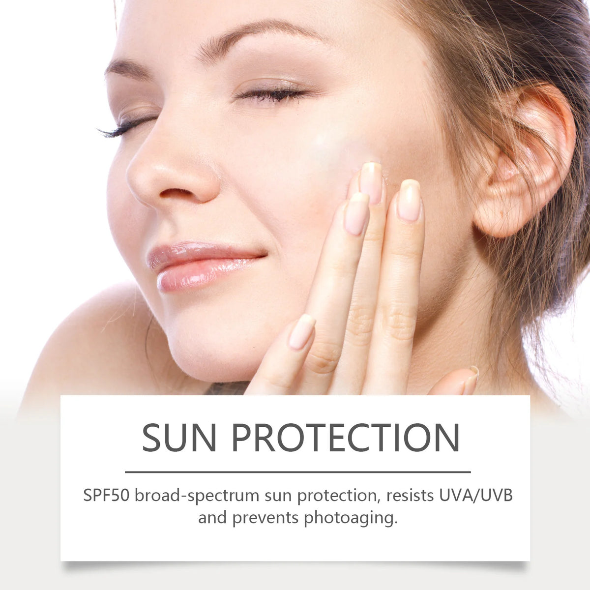 A woman applying SPF 50+ liquid foundation to her face, demonstrating sun protection.