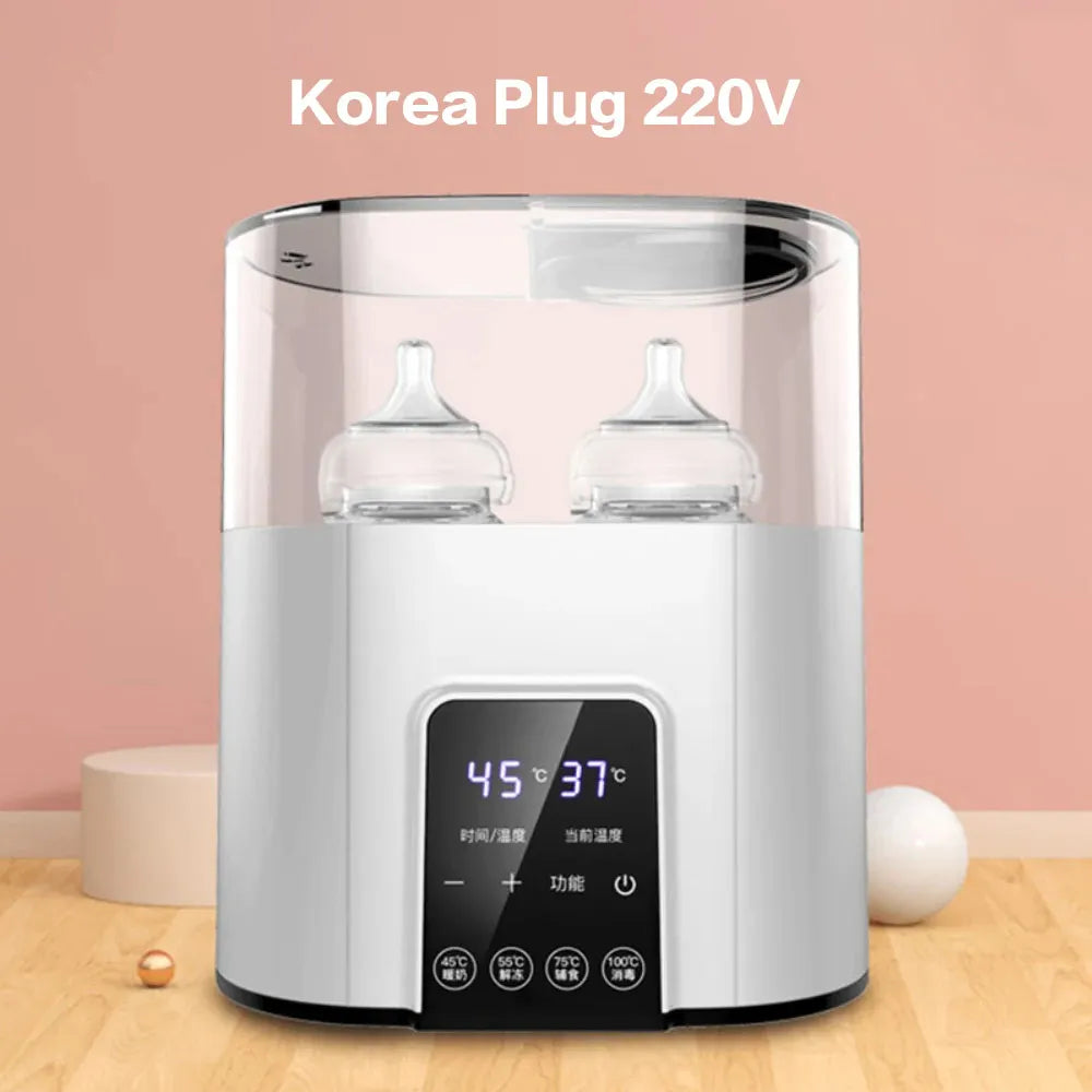 A white multi-function baby bottle warmer and sterilizer appliance with a clear glass chamber.