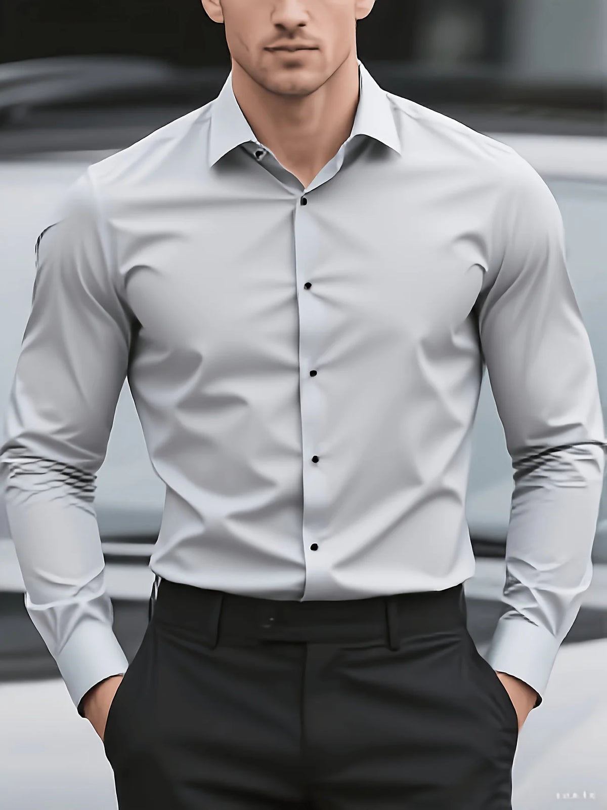 A man wearing a classic white long-sleeve formal shirt and black trousers.
