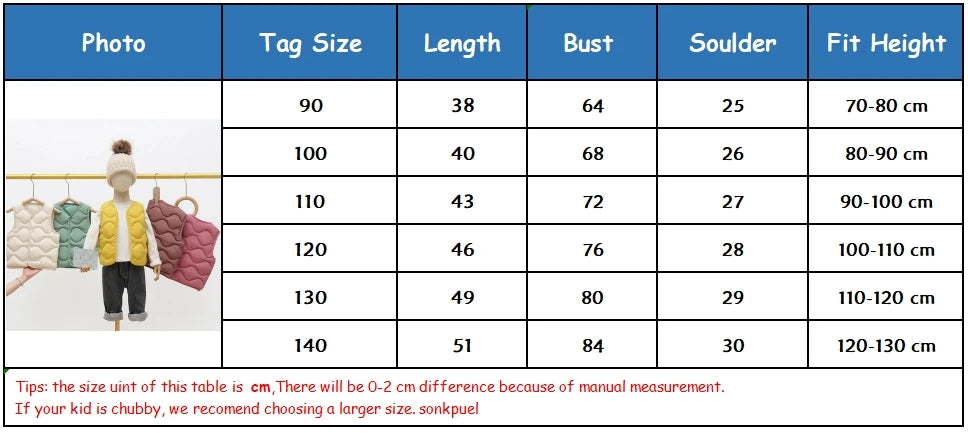 A size chart table showing measurements for kids' solid color warm cotton vests, including tag size, length, bust, shoulder, 