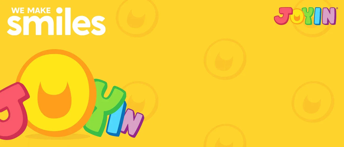 A colorful graphic featuring the text We Make Smiles and the Joyin logo with various bright, rounded shapes.