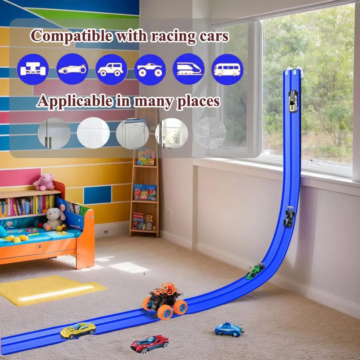 A blue flexible DIY racing track set with friction-powered cars on a carpeted floor.