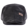 Black men's retro faux leather newsboy cap with a stitched leather patch detail