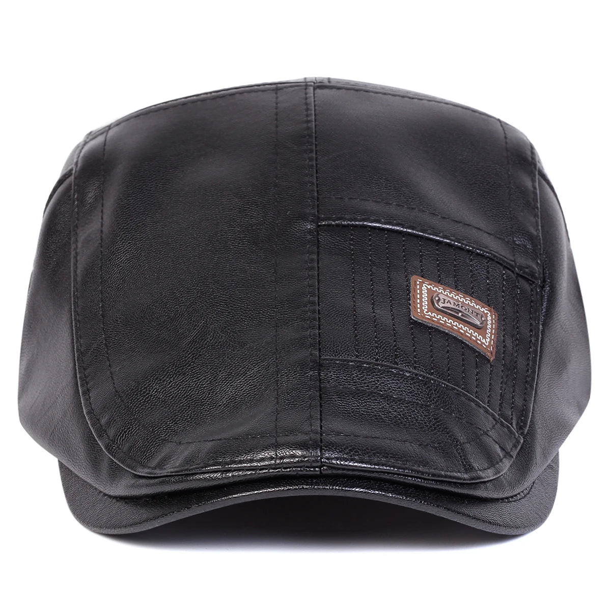 Black men's retro faux leather newsboy cap with a stitched leather patch detail