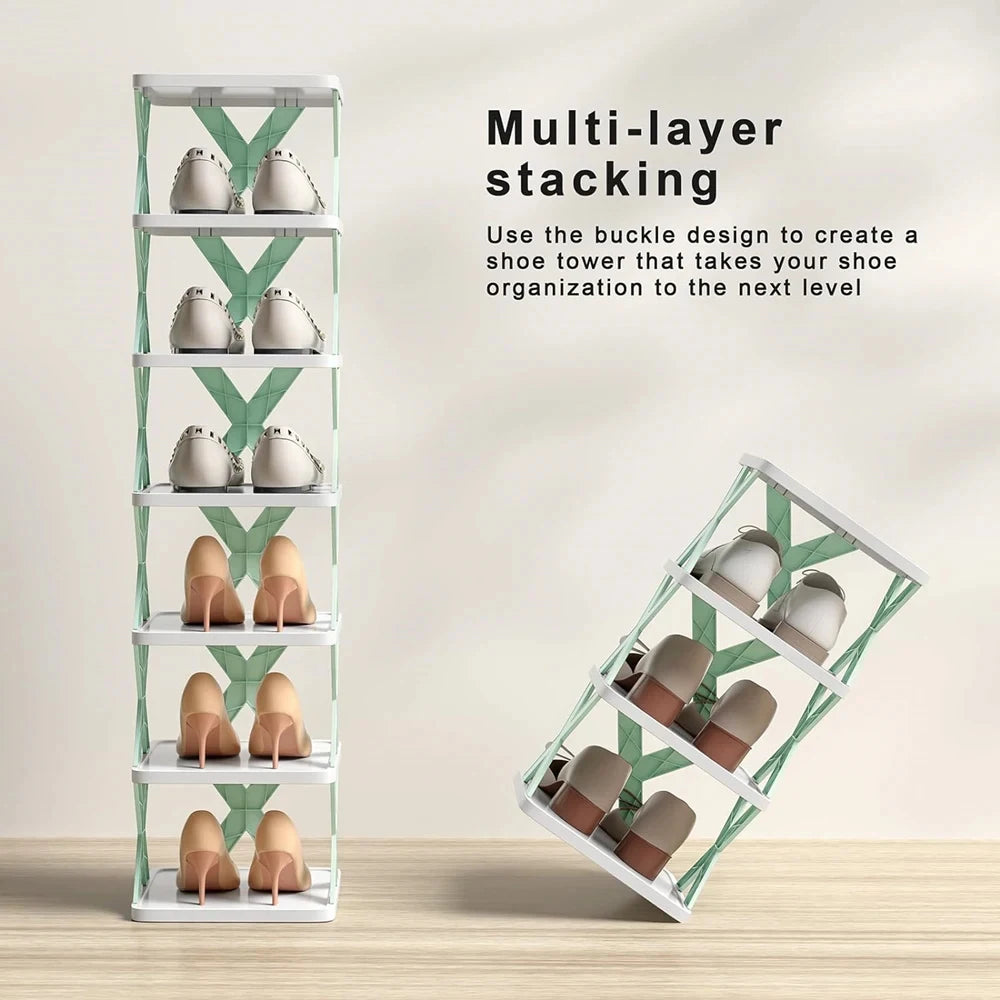 A multi-layer stacking shoe tower organizer made of light green and white plastic.