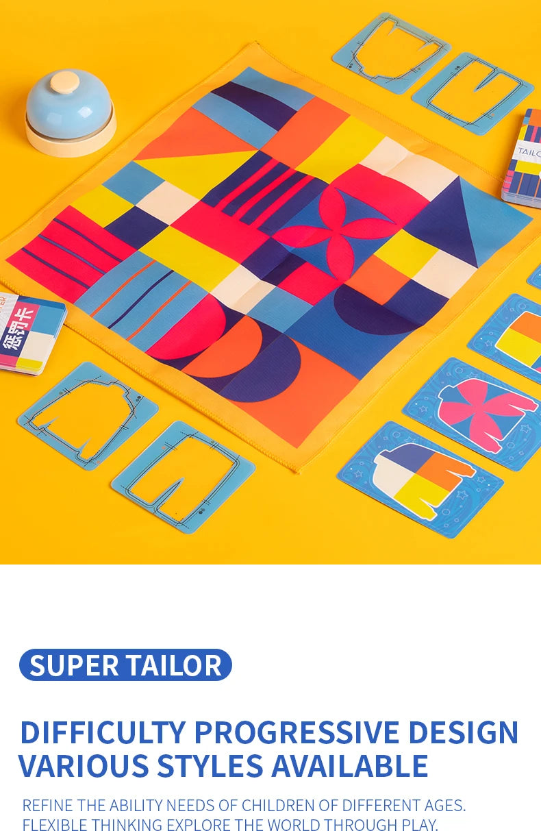 A colorful pattern matching board game featuring various colored tiles and a yellow felt mat for children.