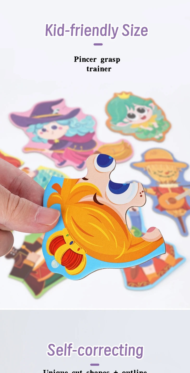 A hand is grasping a colorful puzzle piece featuring an animal character for a finger grasp trainer.
