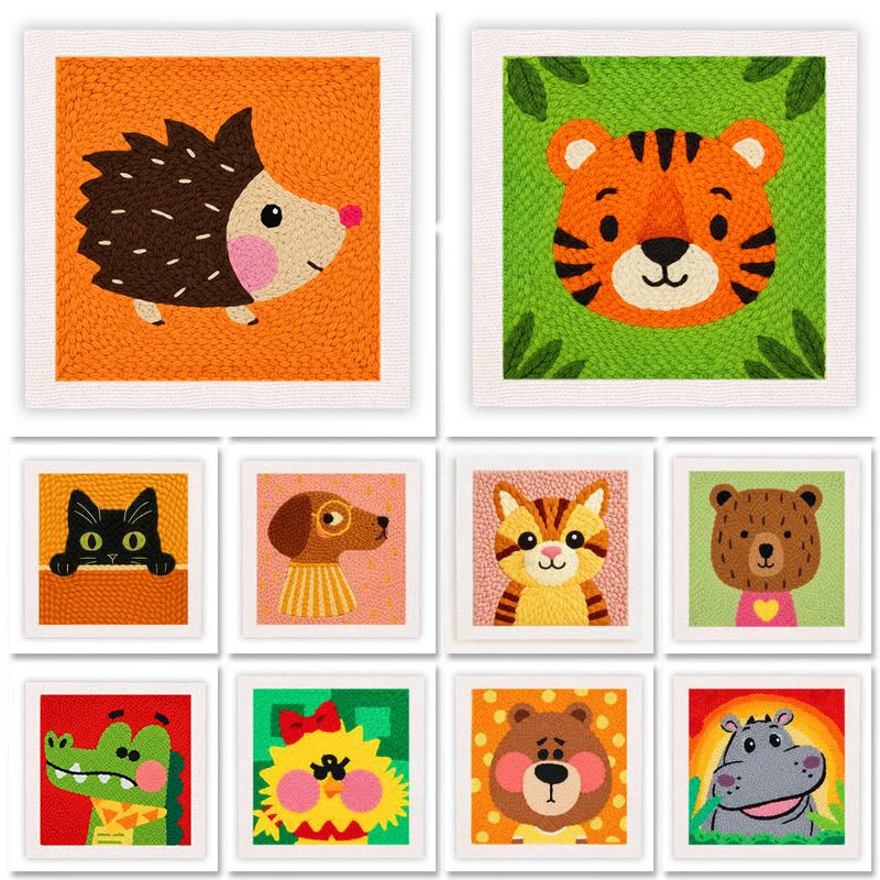 Juegos de bordado con aguja mágica con diseños de animales como gato negro, tigre, oso y dinosaurio