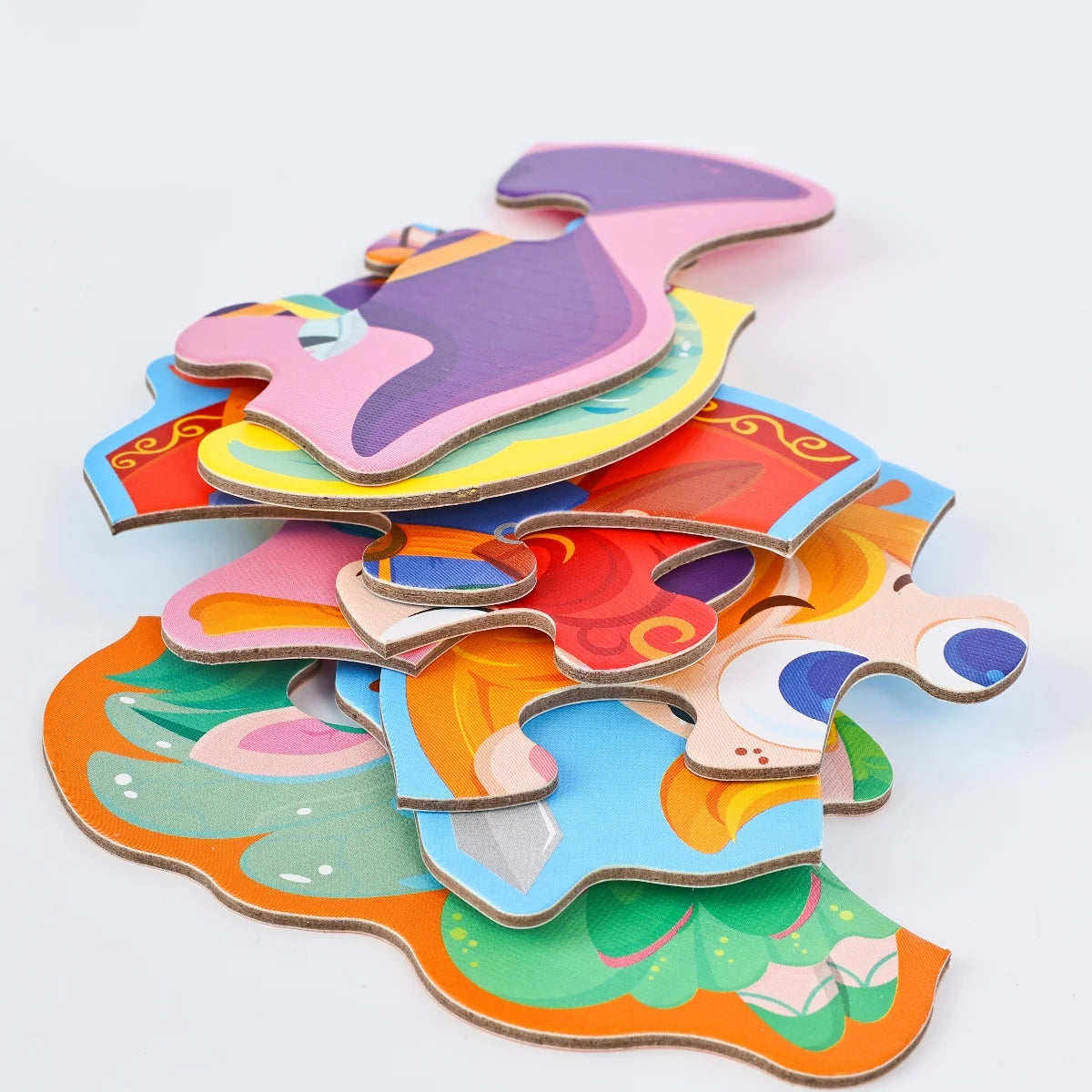 A colorful six-in-one educational puzzle set featuring various animal shapes cut from cardboard.