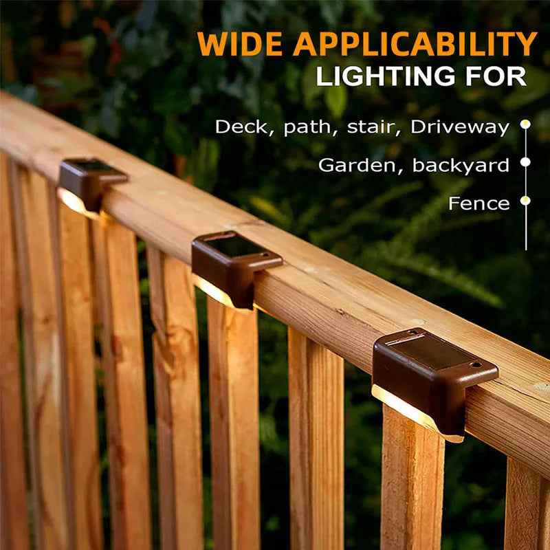 A close-up of a solar powered deck light fixture mounted on a wooden railing, highlighting its wide applicability for outdoor