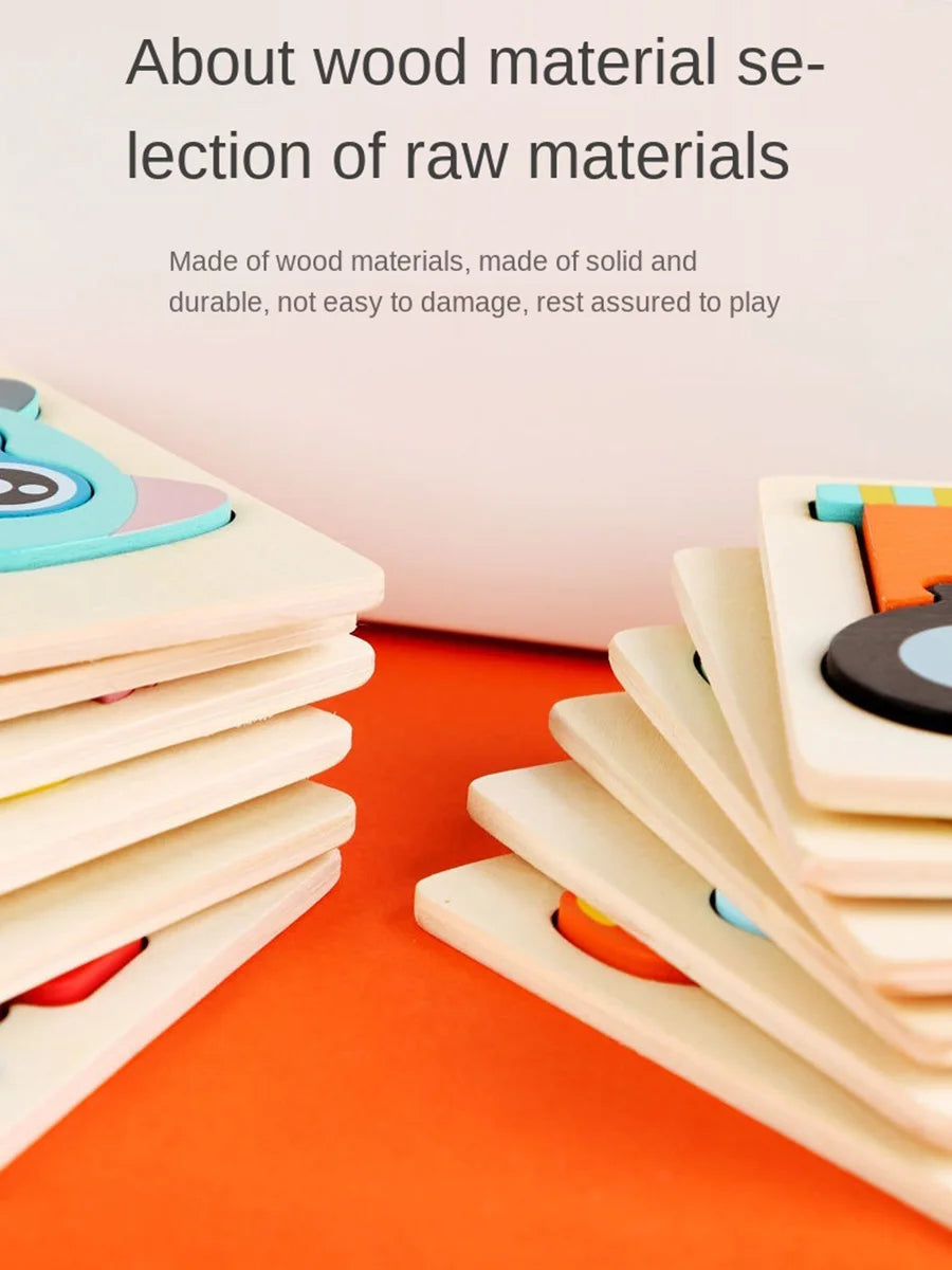 A stack of wooden 3D animal jigsaw puzzles with colorful pieces on an orange surface.