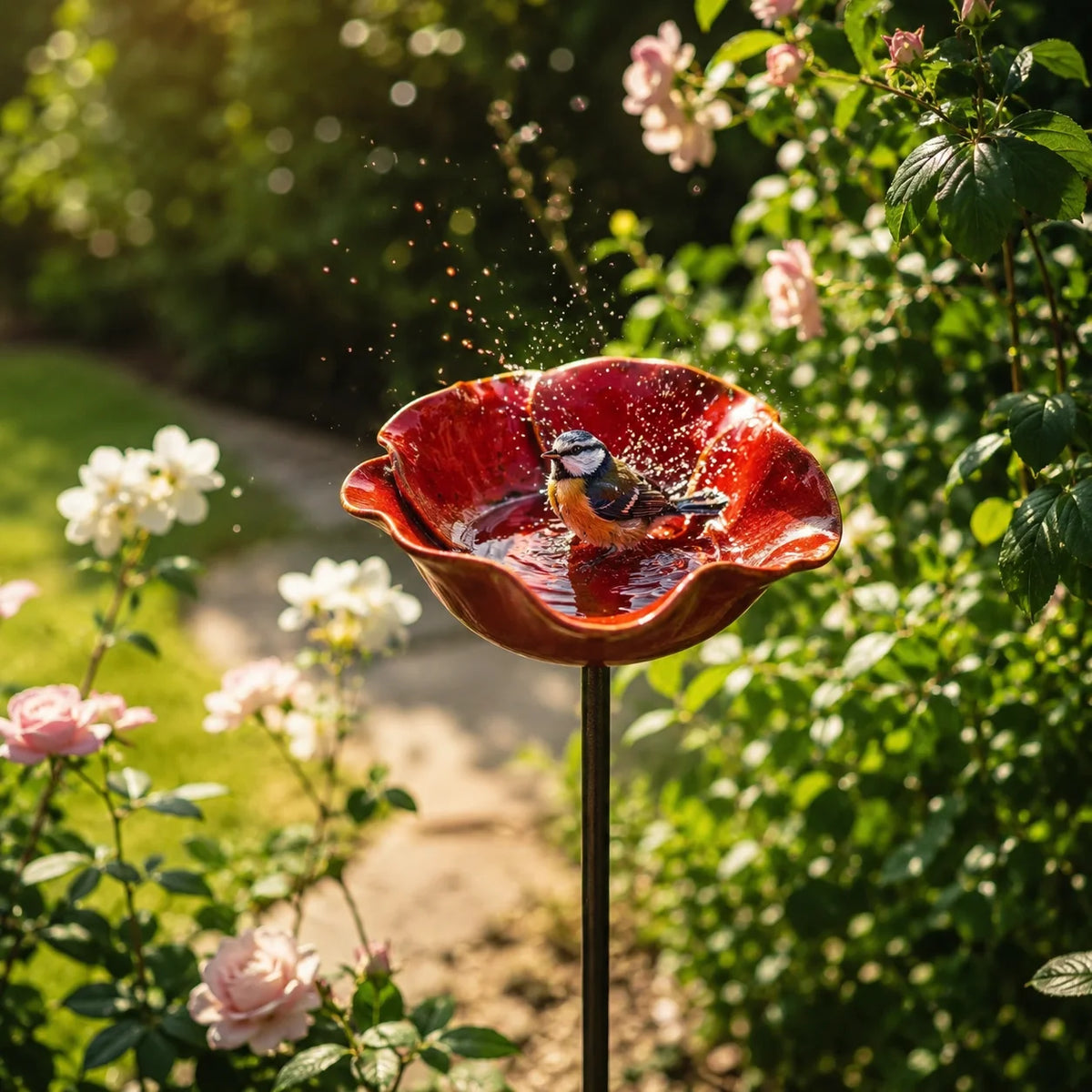 A handcrafted metal bird bath shaped like a flower, featuring a small bird perched on it in a garden setting.
