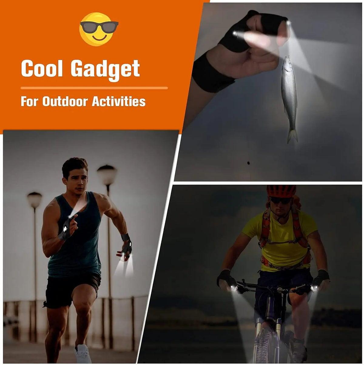 LED fingerless gloves with built-in flashlight used for outdoor activities like fishing and running.