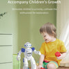 A young child is interacting with a white and blue robotic toy designed for early education.