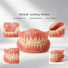 A set of pink dentures and related dental care items displayed with text highlighting natural texture, comfortable fit, and e